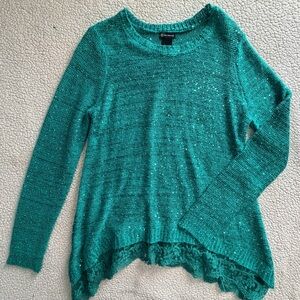 New Directions Teal Lace-Hem Knit Sweater
